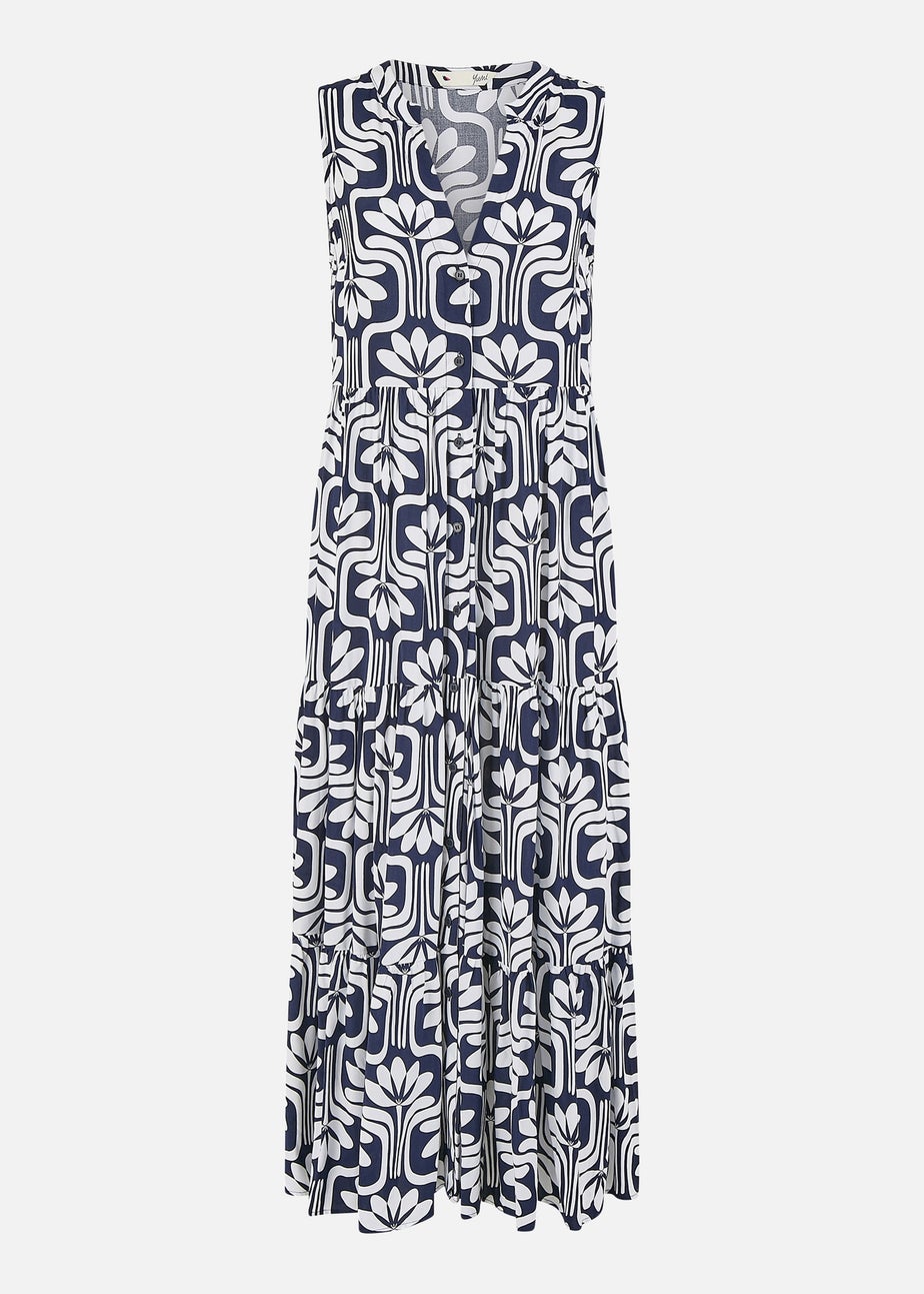Yumi Navy Retro Print Relaxed Midi Dress