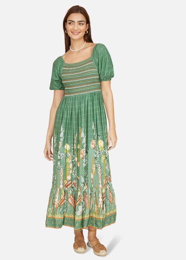 Yumi Green Ruched Leaf Print Maxi Dress With Puff Sleeves