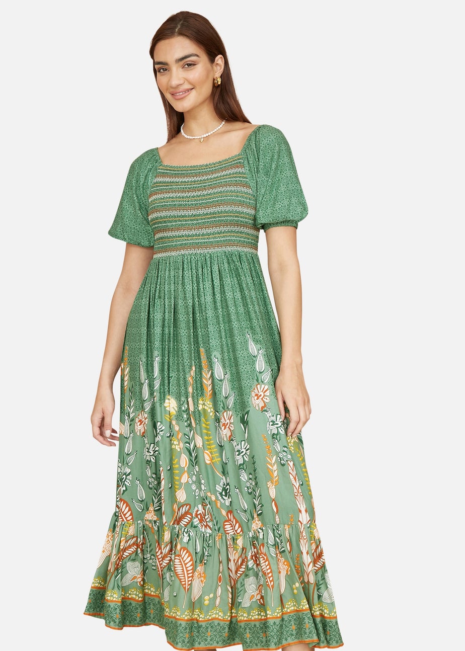 Yumi Green Ruched Leaf Print Maxi Dress With Puff Sleeves