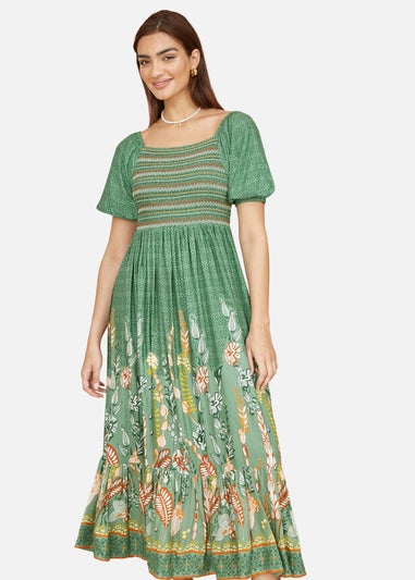 Yumi Green Ruched Leaf Print Maxi Dress With Puff Sleeves