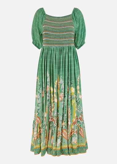 Yumi Green Ruched Leaf Print Maxi Dress With Puff Sleeves