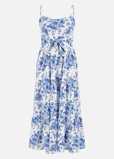 Yumi Blue Floral Strappy Midi Dress With Front Tie