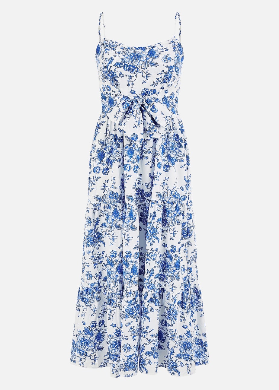 Yumi Blue Floral Strappy Midi Dress With Front Tie