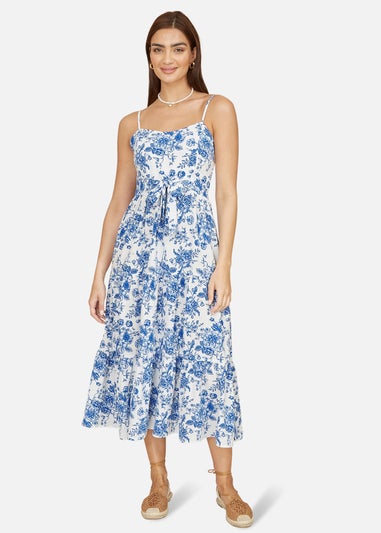 Yumi Blue Floral Strappy Midi Dress With Front Tie