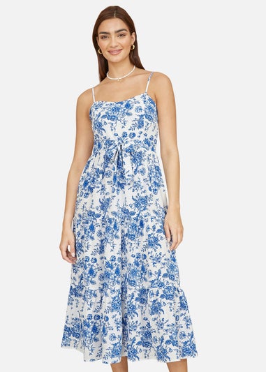 Yumi Blue Floral Strappy Midi Dress With Front Tie
