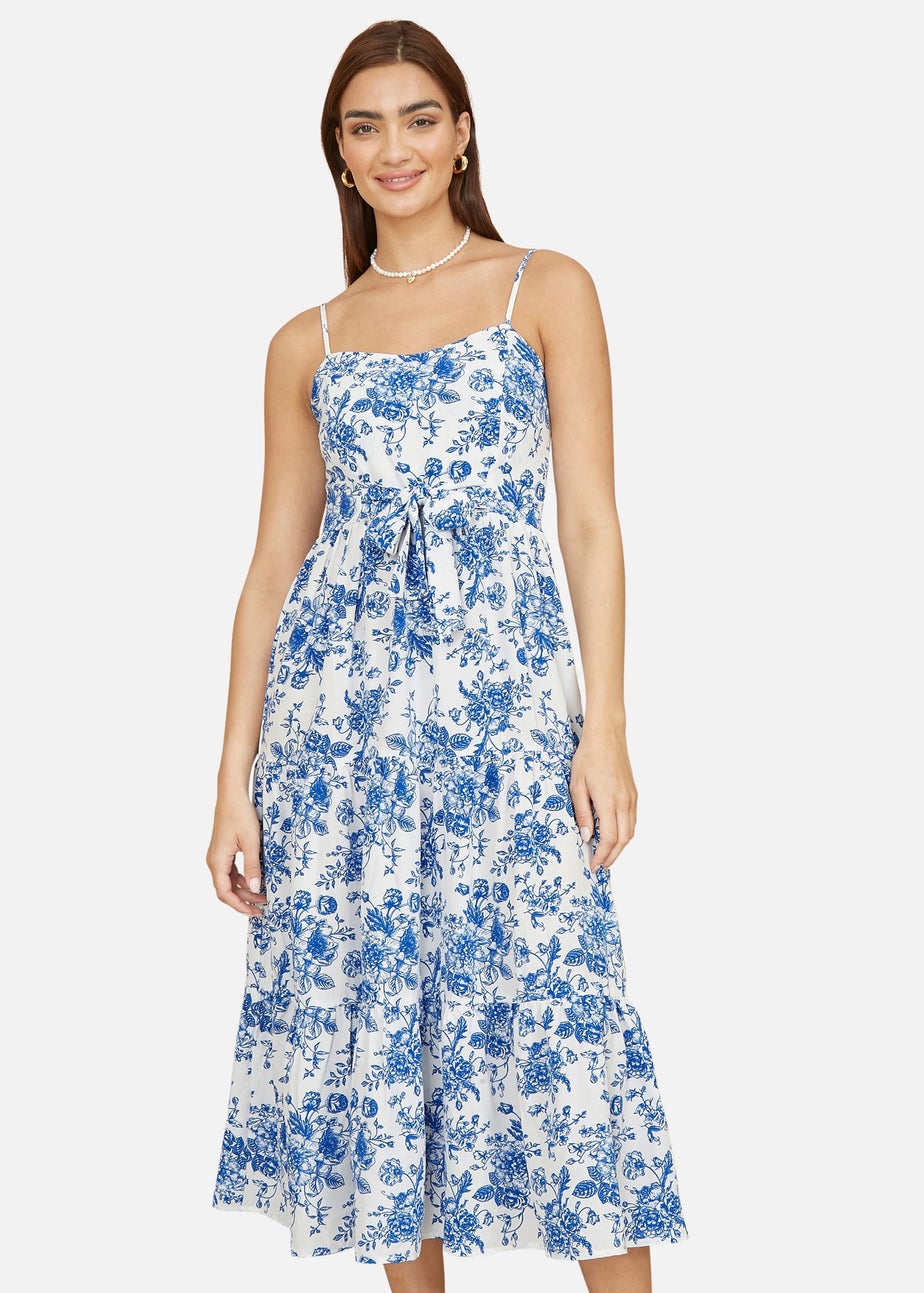 Yumi Blue Floral Strappy Midi Dress With Front Tie