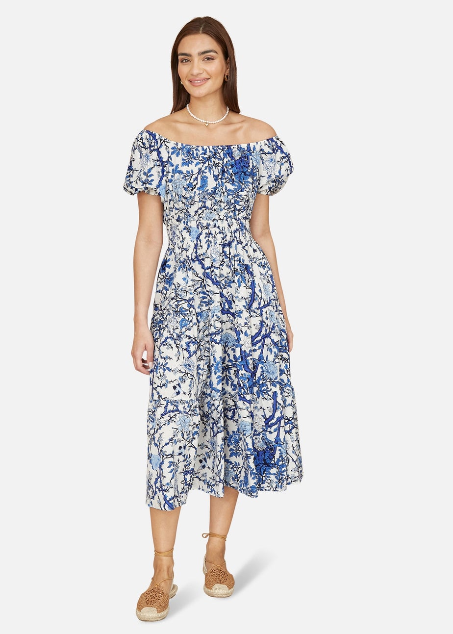 Yumi Blue Ruched Waist Bardot Blossom Tree Print Midi Dress