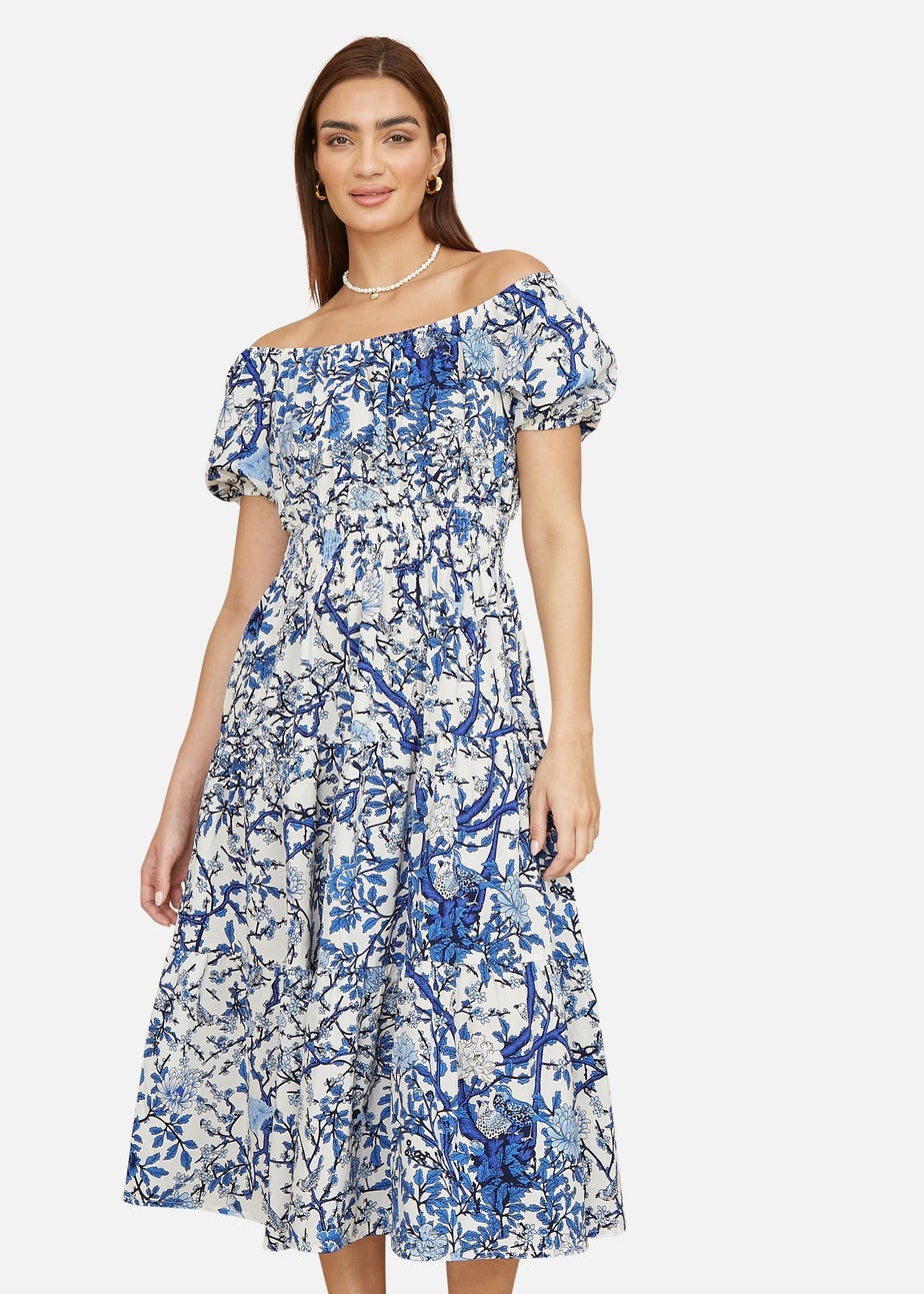 Yumi Blue Ruched Waist Bardot Blossom Tree Print Midi Dress