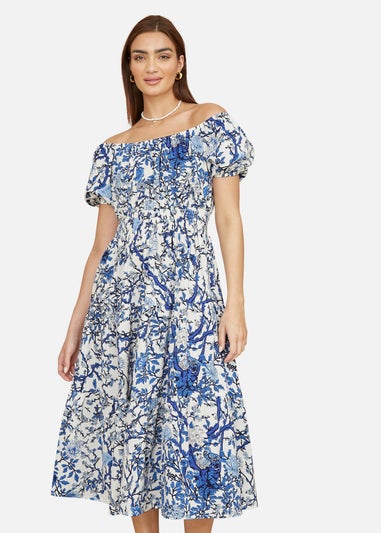 Yumi Blue Ruched Waist Bardot Blossom Tree Print Midi Dress