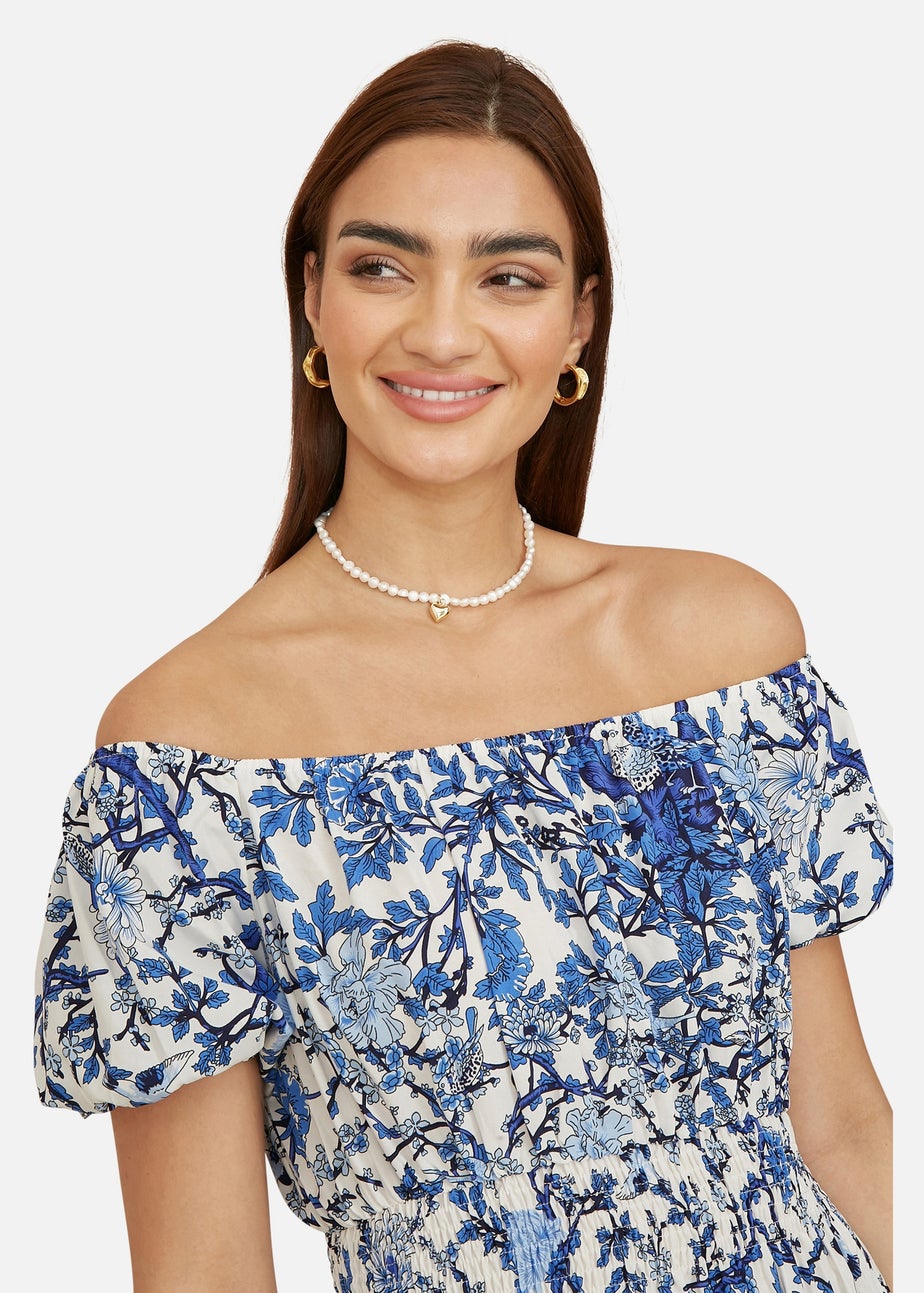 Yumi Blue Ruched Waist Bardot Blossom Tree Print Midi Dress