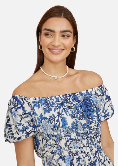 Yumi Blue Ruched Waist Bardot Blossom Tree Print Midi Dress