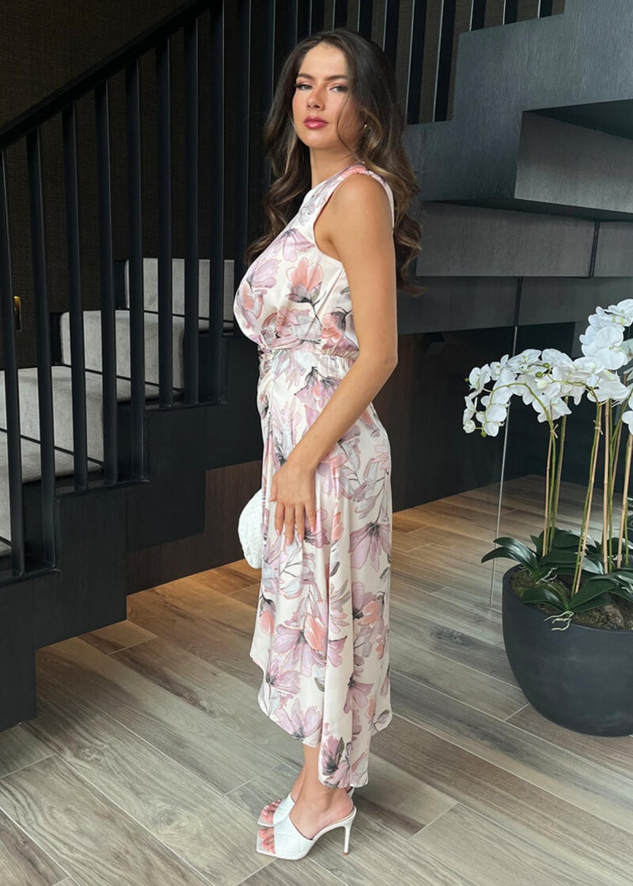 AX Paris Pink Blush Floral Print Gathered Midi Dress With Shoulder Pads