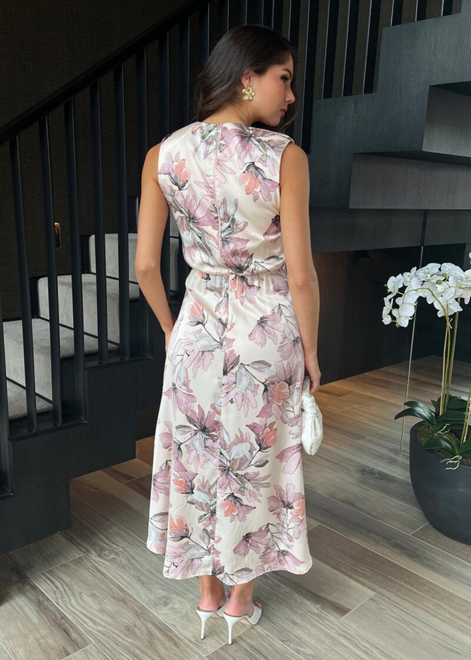 AX Paris Pink Blush Floral Print Gathered Midi Dress With Shoulder Pads