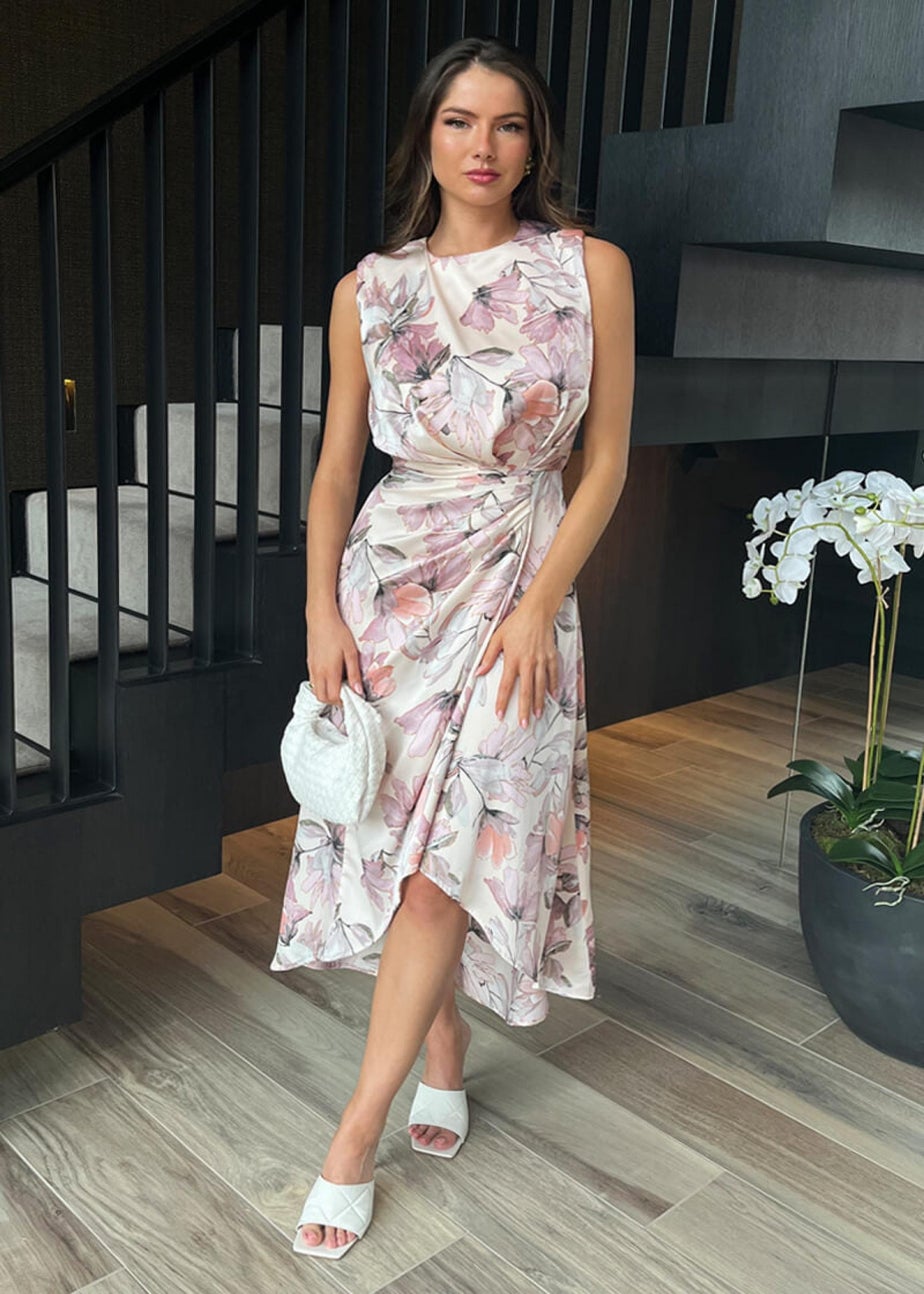 AX Paris Pink Blush Floral Print Gathered Midi Dress With Shoulder Pads