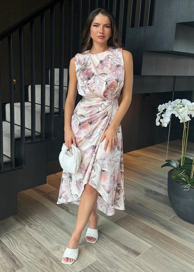 AX Paris Pink Blush Floral Print Gathered Midi Dress With Shoulder Pads