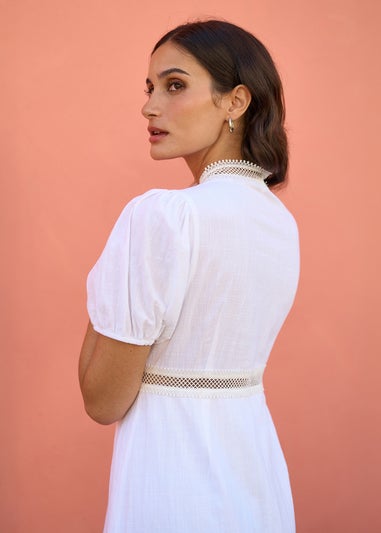 Yumi White Cotton Lace Trim Skater Shirt Dress