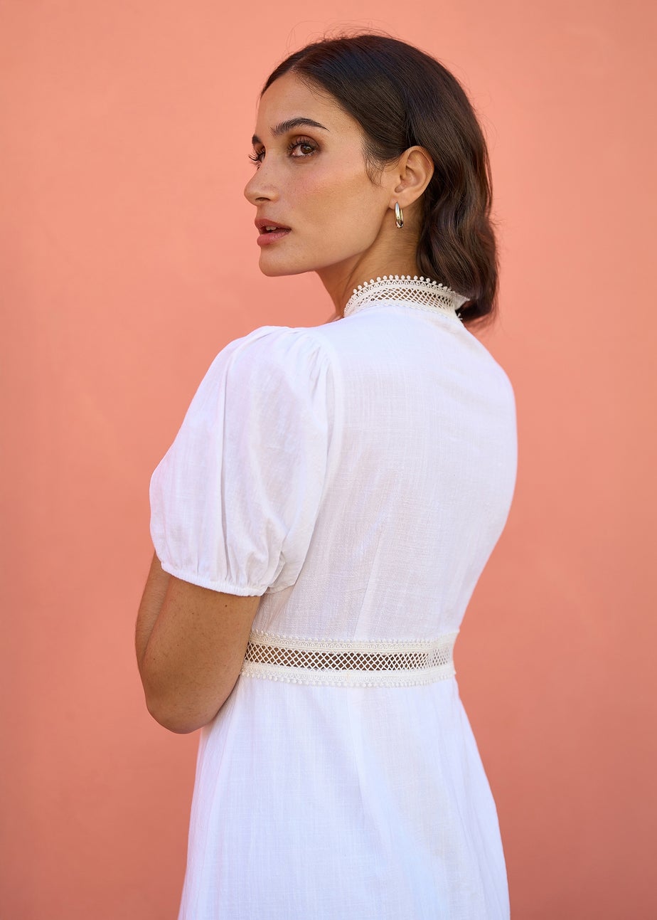 Yumi White Cotton Lace Trim Skater Shirt Dress