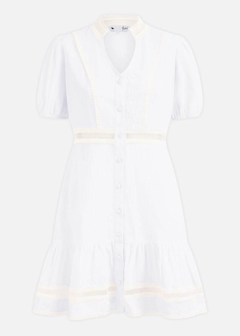 Yumi White Cotton Lace Trim Skater Shirt Dress