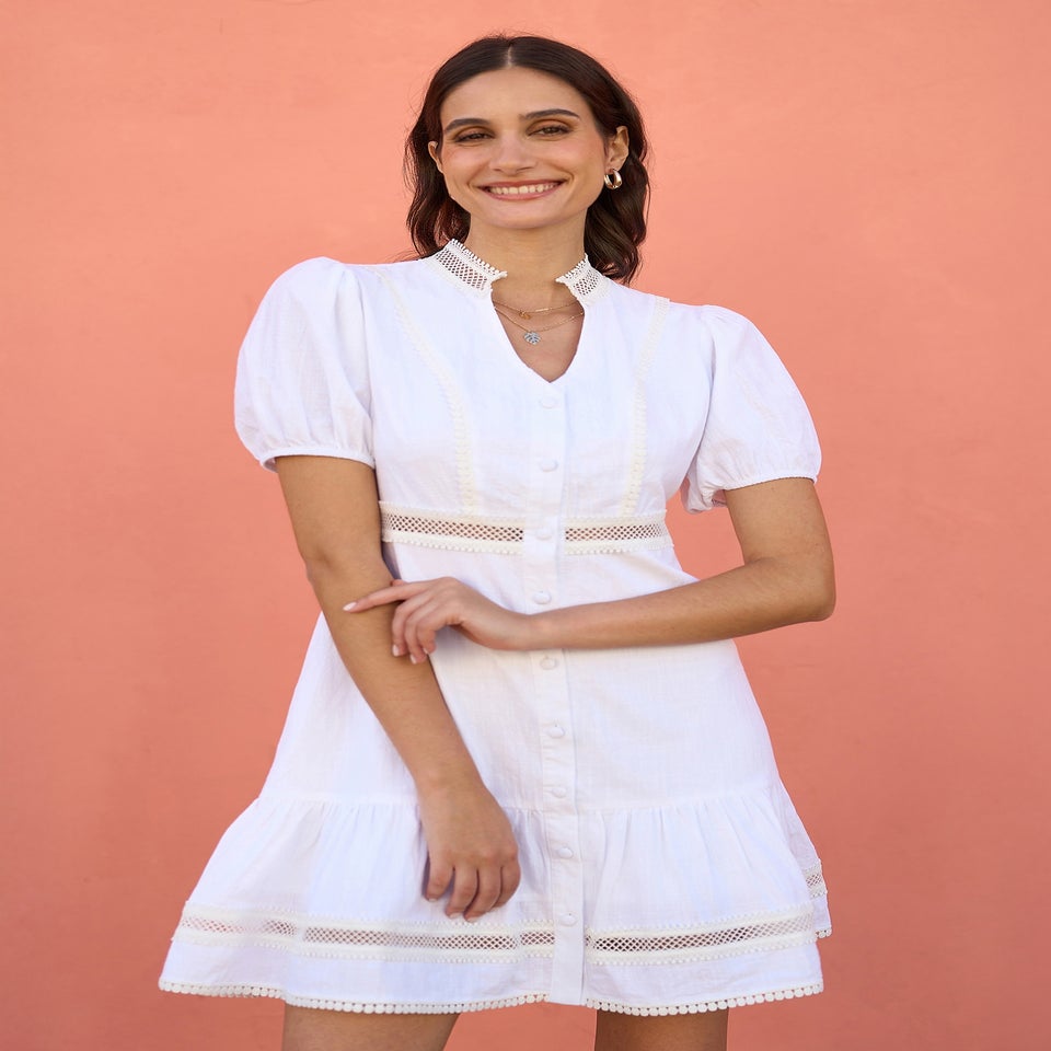 Yumi White Cotton Lace Trim Skater Shirt Dress