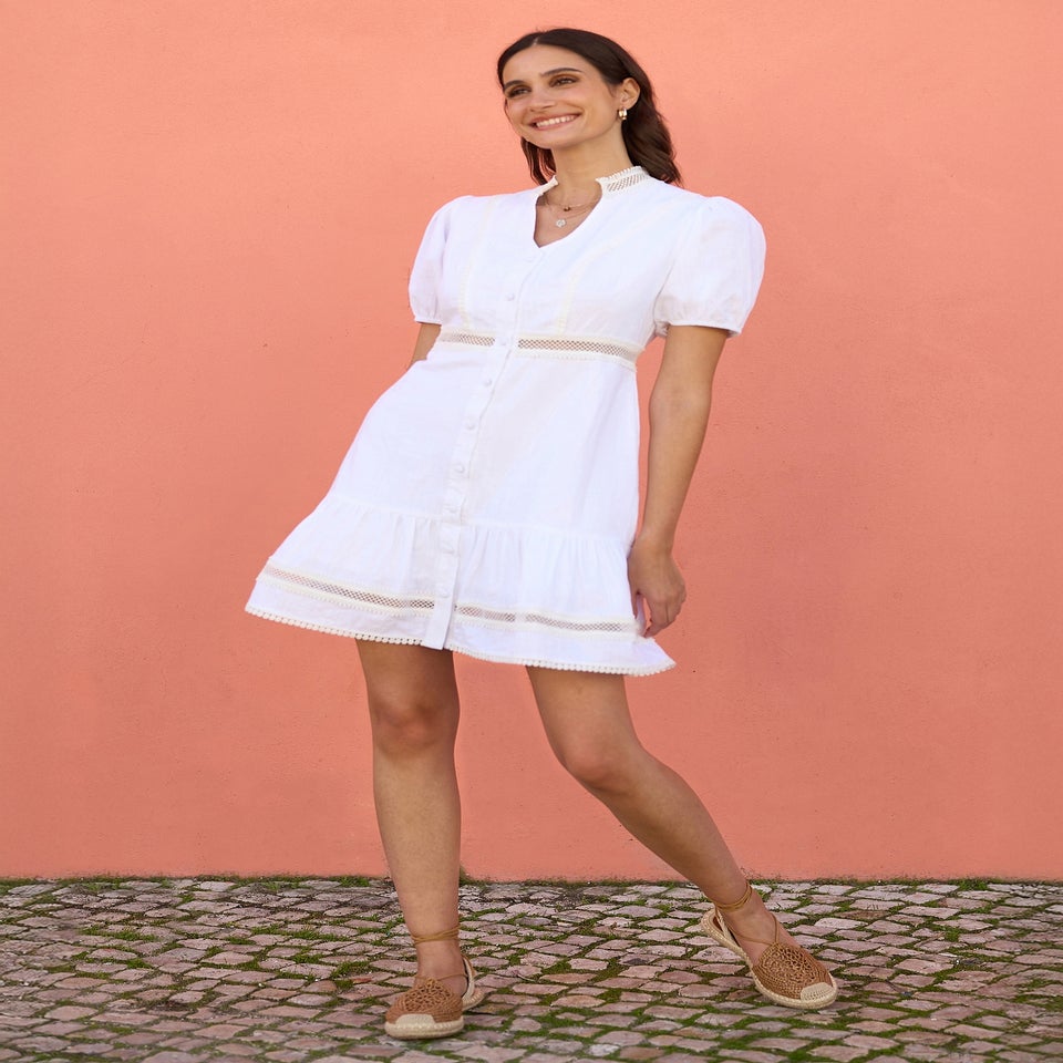 Yumi White Cotton Lace Trim Skater Shirt Dress