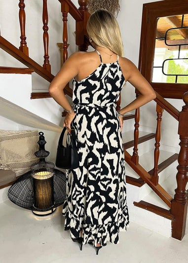 AX Paris Black And White Abstract Print Racer Neck Frill Hem Midi Dress