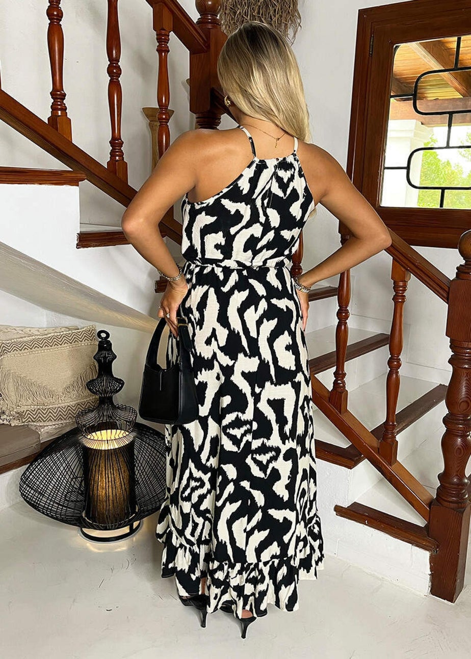 AX Paris Black And White Abstract Print Racer Neck Frill Hem Midi Dress