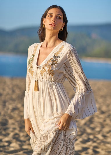 Yumi White Metallic Embellished Maxi Dress With Long Sleeves