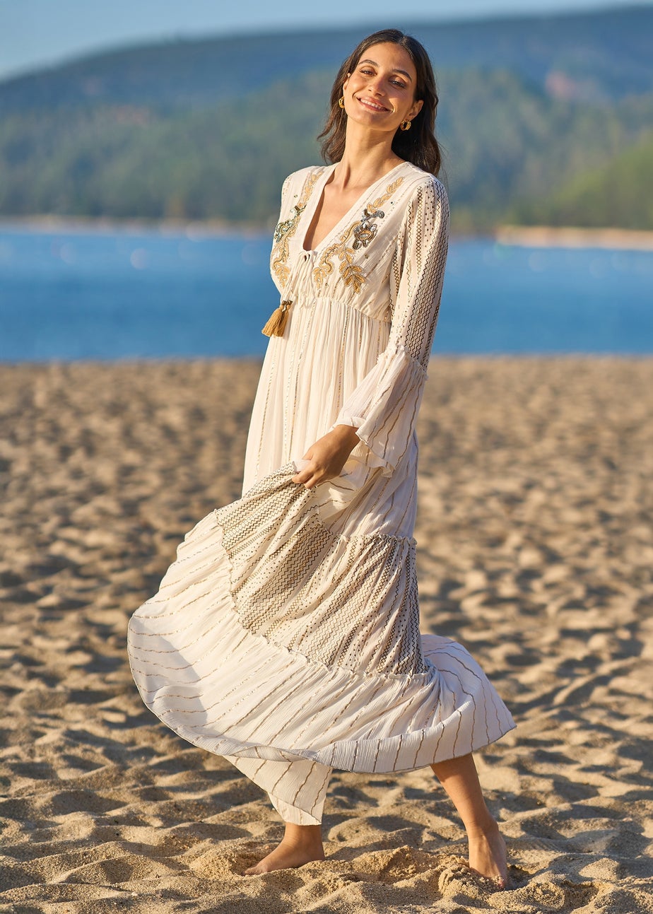 Yumi White Metallic Embellished Maxi Dress With Long Sleeves