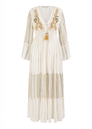 Yumi White Metallic Embellished Maxi Dress With Long Sleeves