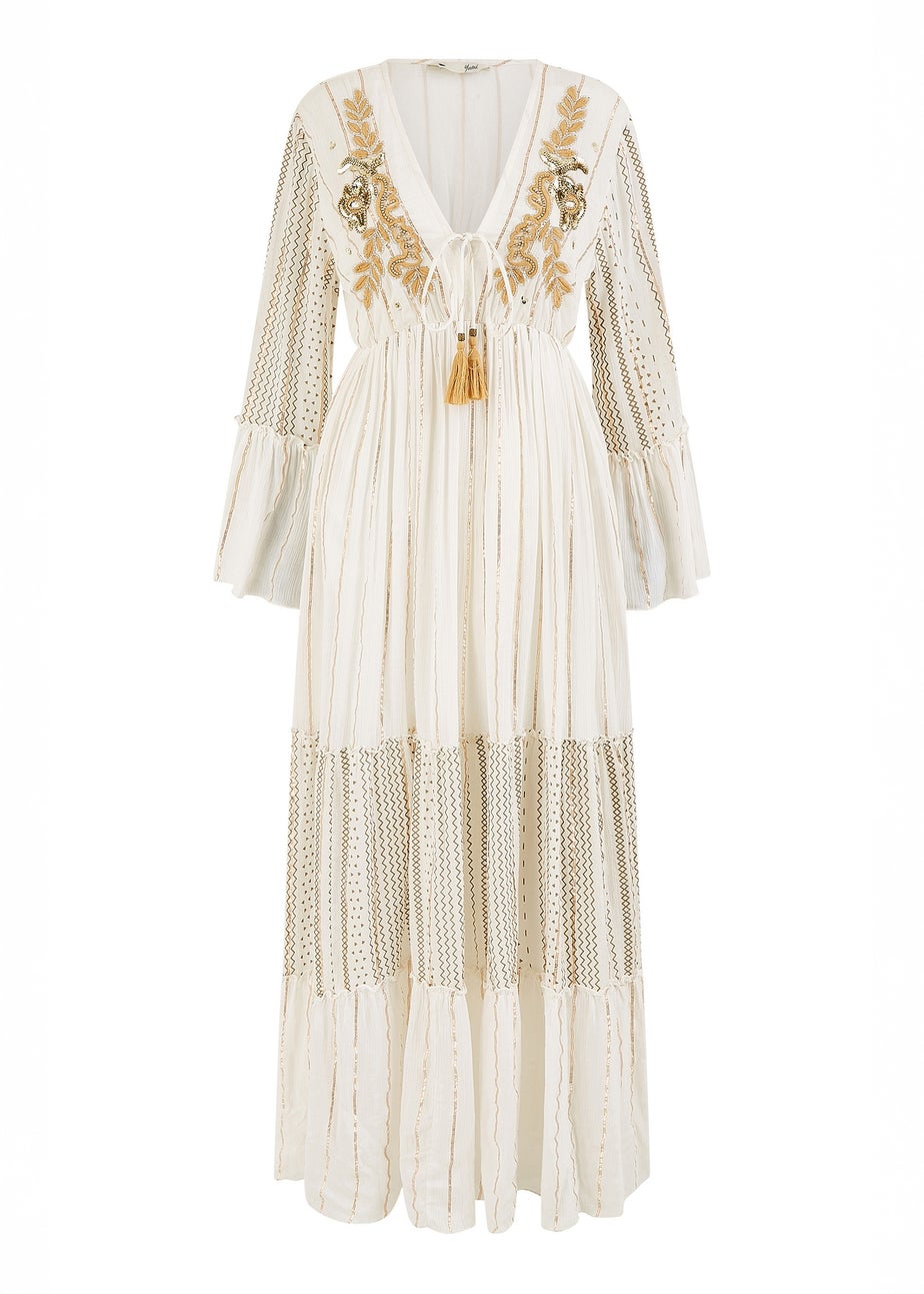 Yumi White Metallic Embellished Maxi Dress With Long Sleeves