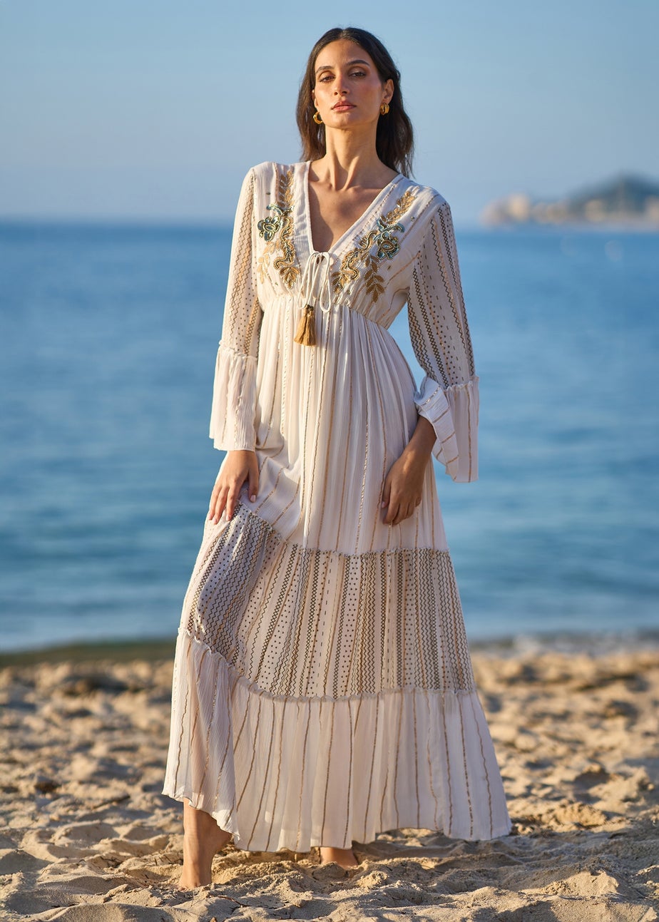Yumi White Metallic Embellished Maxi Dress With Long Sleeves
