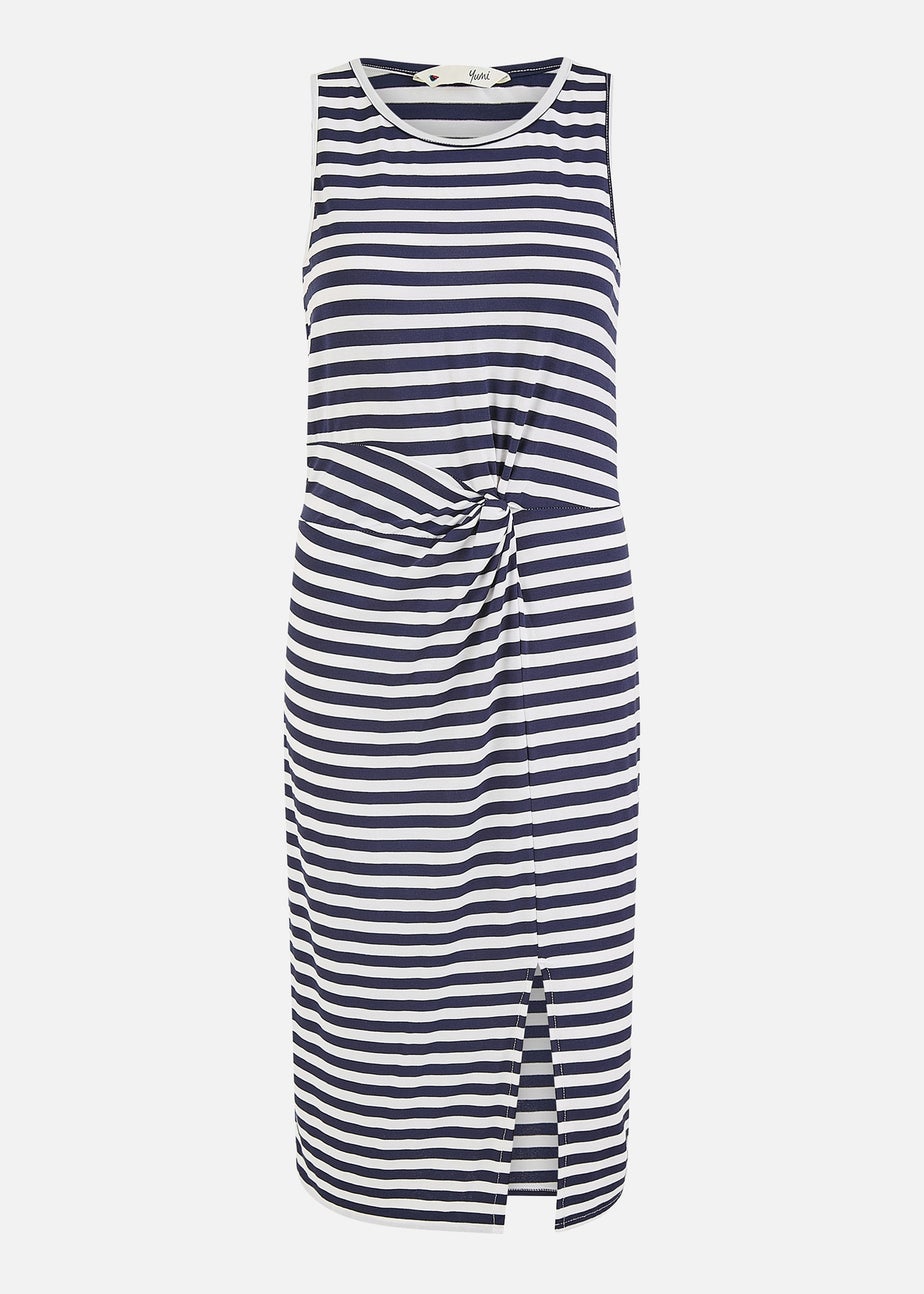 Yumi Navy Striped Jersey Ruched Midi Dress