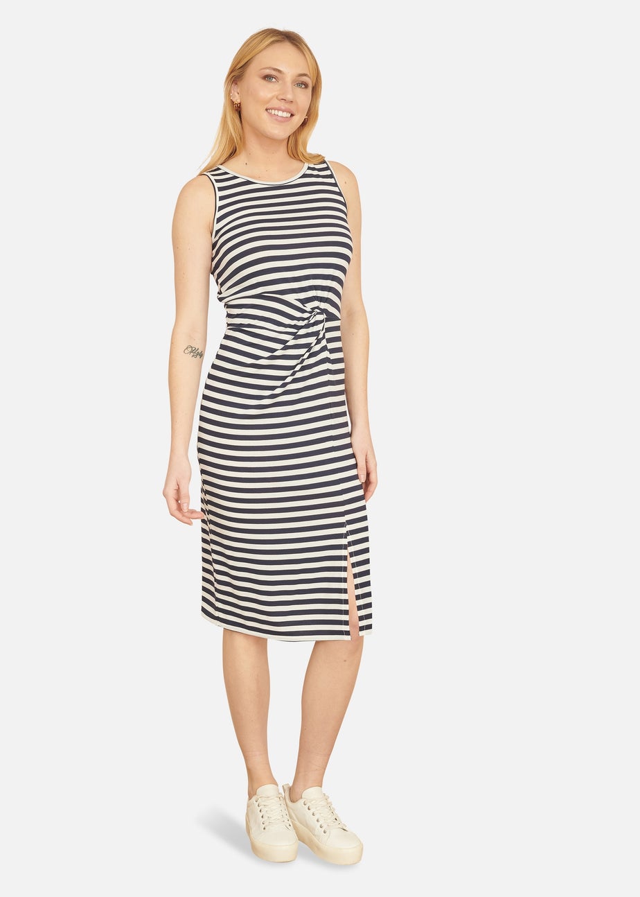 Yumi Navy Striped Jersey Ruched Midi Dress