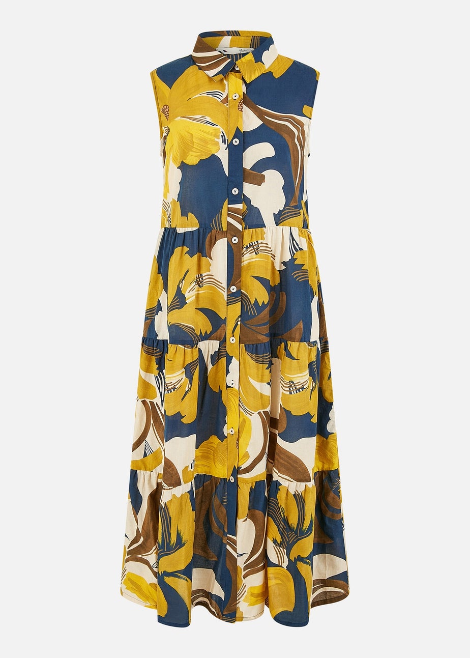 Yumi Navy Cotton Leaf Midi Sleeveless Shirt Dress