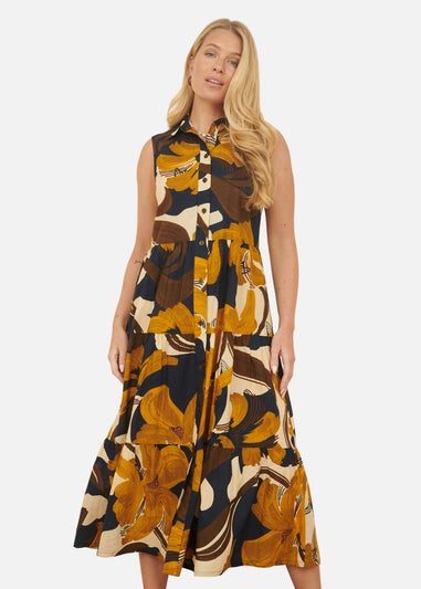 Yumi Navy Cotton Leaf Midi Sleeveless Shirt Dress