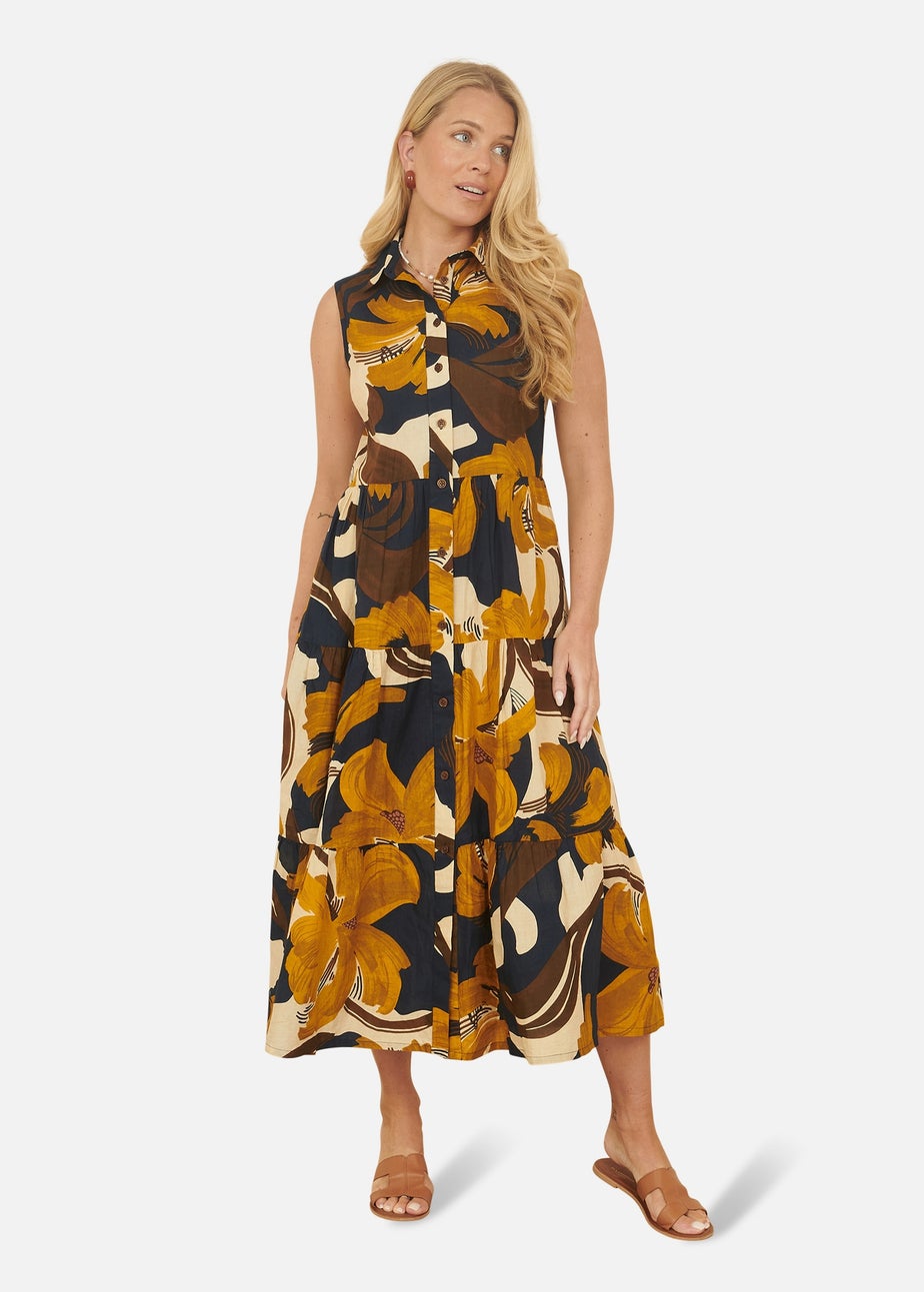 Yumi Navy Cotton Leaf Midi Sleeveless Shirt Dress