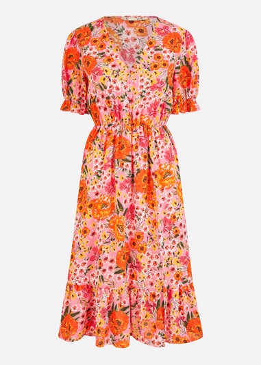 Yumi Pink Floral Midi Dress With Frill Hem and Puff Sleeves