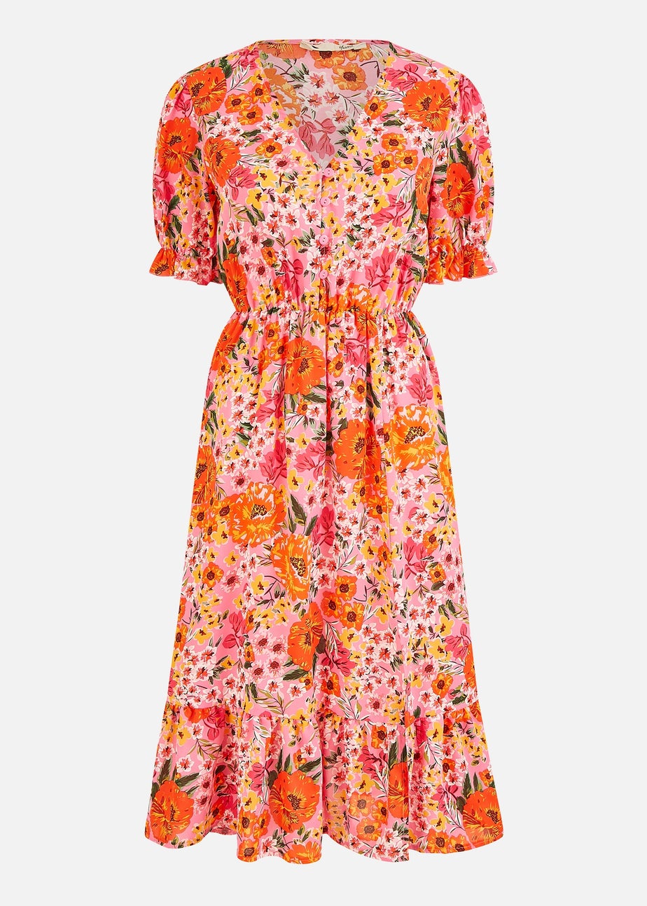 Yumi Pink Floral Midi Dress With Frill Hem and Puff Sleeves