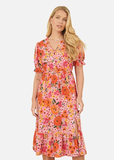 Yumi Pink Floral Midi Dress With Frill Hem and Puff Sleeves