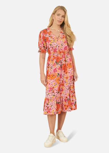 Yumi Pink Floral Midi Dress With Frill Hem and Puff Sleeves