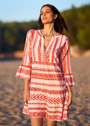 Yumi Coral Geo Stripe Print Beach Tunic