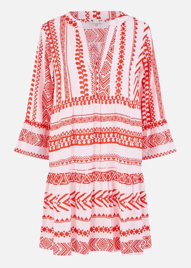 Yumi Coral Geo Stripe Print Beach Tunic