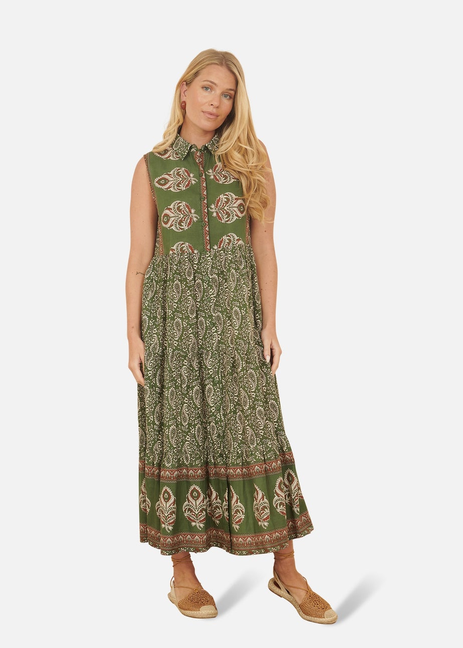 Yumi Green Cotton Paisley Midi Sleeveless Shirt Dress
