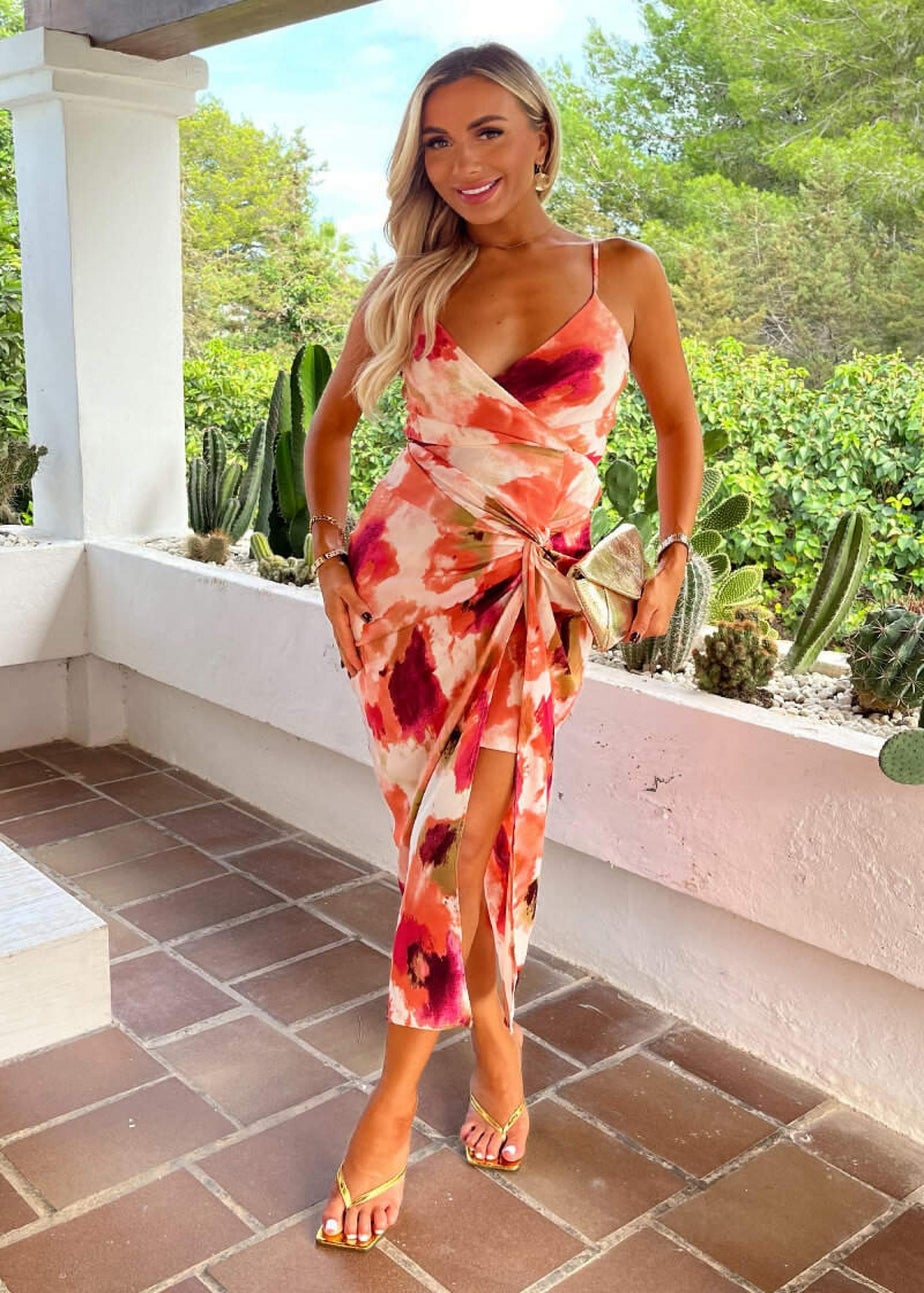 AX Paris Peach Smudge Print Strappy Wrap Top Knot Skirt Midi Dress