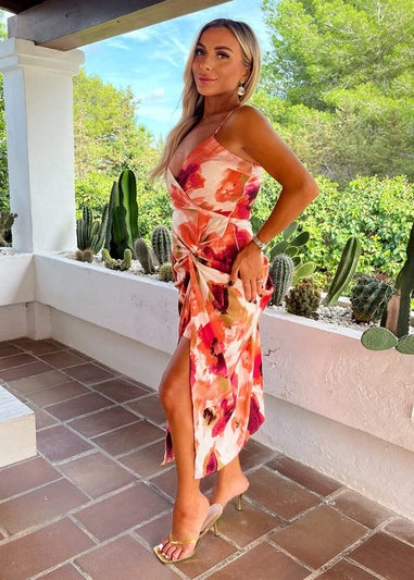 AX Paris Peach Smudge Print Strappy Wrap Top Knot Skirt Midi Dress