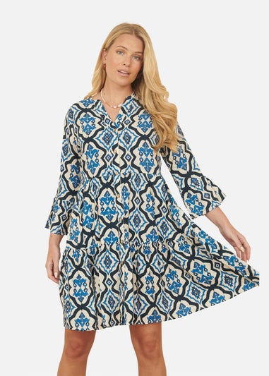 Yumi Blue Viscose Ikat Print 3/4 Sleeve Tunic Dress