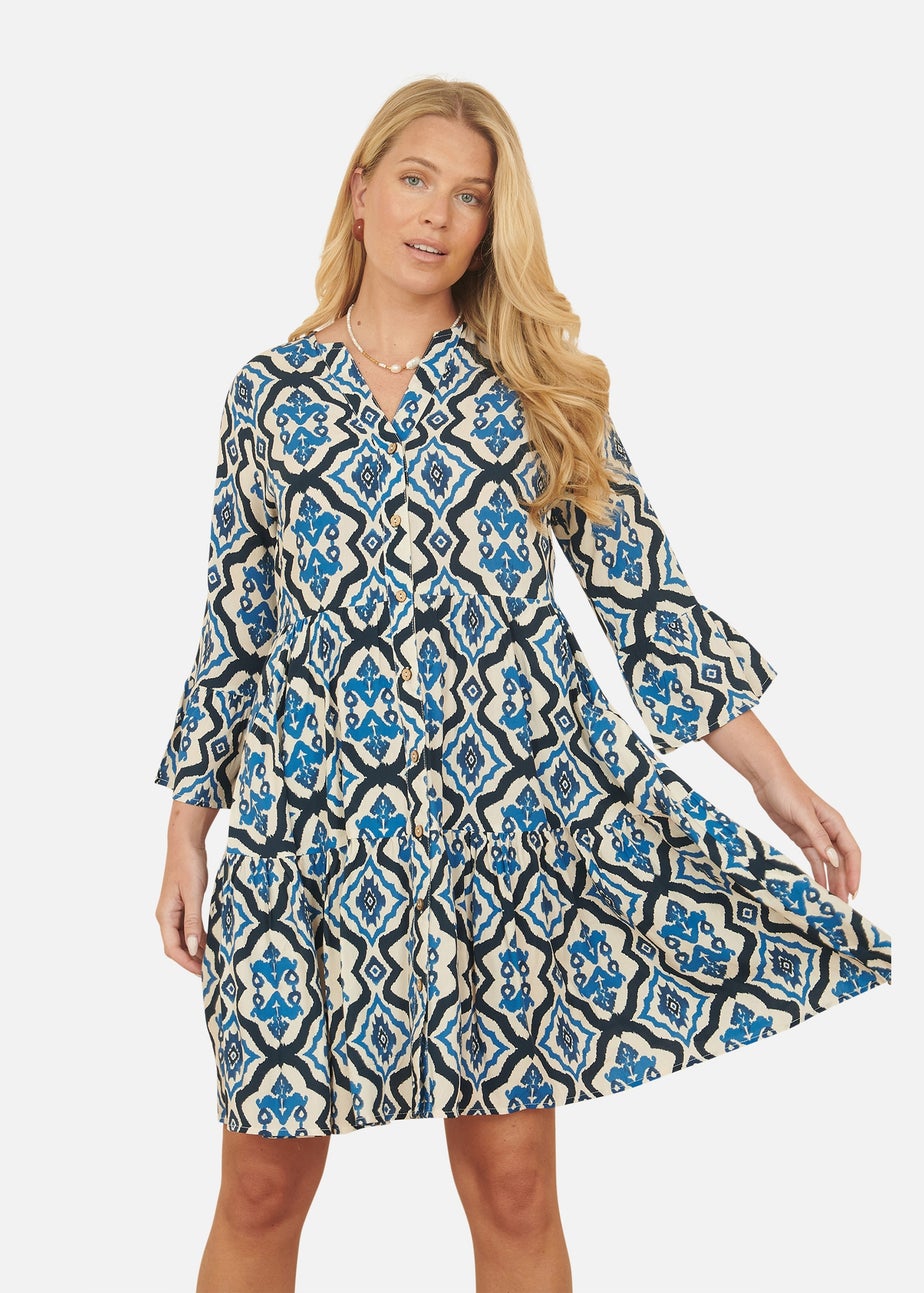 Yumi Blue Viscose Ikat Print 3/4 Sleeve Tunic Dress