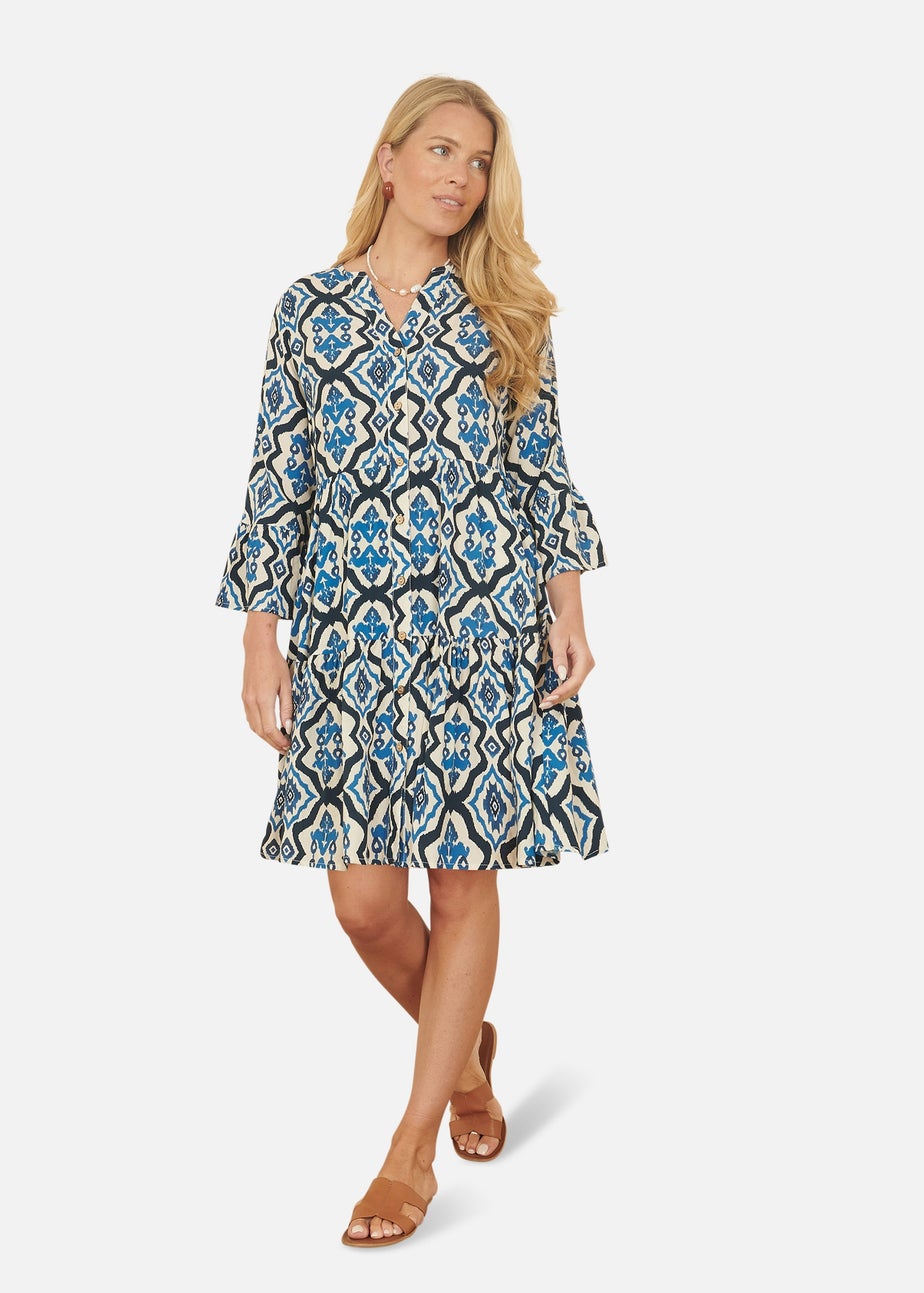 Yumi Blue Viscose Ikat Print 3/4 Sleeve Tunic Dress