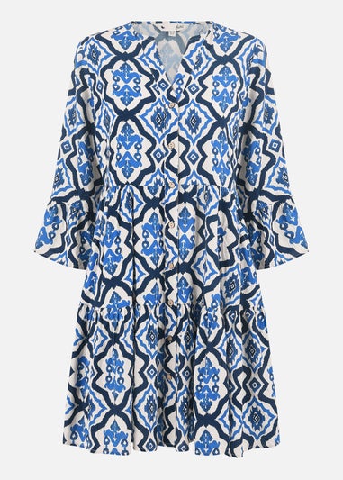 Yumi Blue Viscose Ikat Print 3/4 Sleeve Tunic Dress