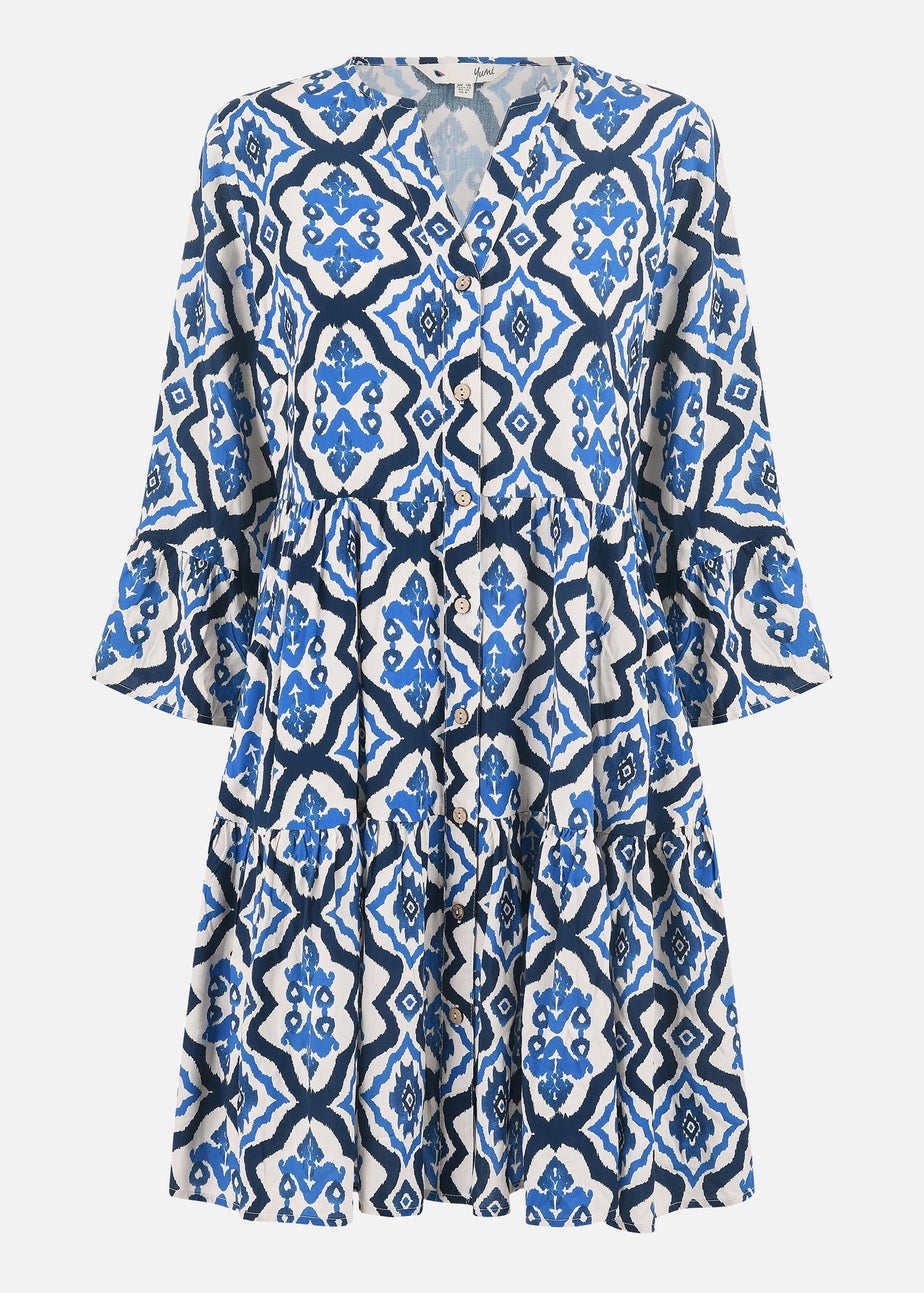 Yumi Blue Viscose Ikat Print 3/4 Sleeve Tunic Dress
